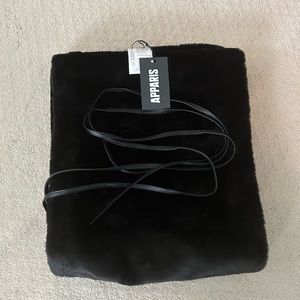 BRAND NEW Apparis black faux fur shawl with skinny leather tie belt .